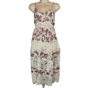 Nameless Tiered Rose Floral Lace Sheer Midi‎ Dress Boho Summer Coverup Small